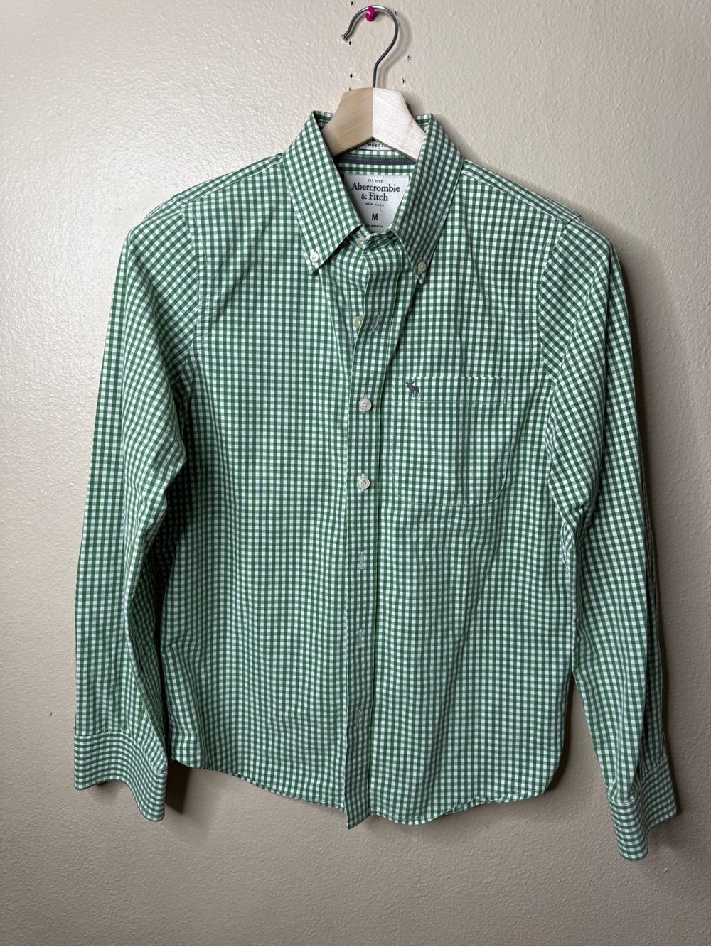 Abercrombie & Fitch Mens M Muscle Fit Green Gingham Cotton Button Up Shirt